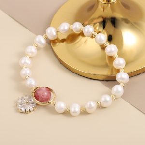 dainty natural pearl bracelet | strawberry quartz & crystal charms