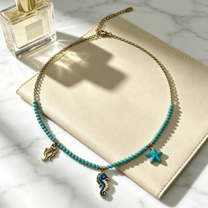 ocean themed beaded choker necklace with gold plated seahorse & starfish charms for women