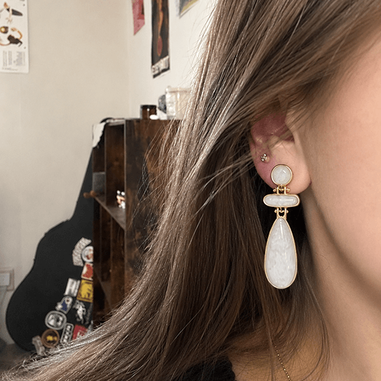 gold plated vintage tiered drop earrings, multi color natural stone teardrop dangle earrings