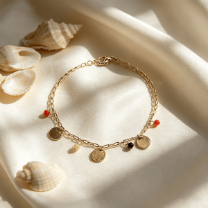 18k gold plated stainless steel paperclip chain bracelet, hammered disc charms mixed natural stone beads dainty charm bracelet for women