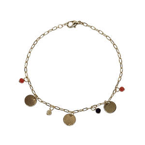 18k gold plated stainless steel paperclip chain bracelet, hammered disc charms mixed natural stone beads dainty charm bracelet for women