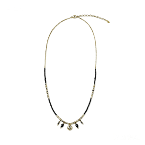 vintage mixed black bead charm necklace with round crystal pendant