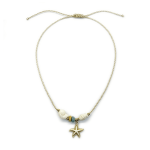 adjustable braided rope ocean necklace, starfish charm with shell & natural stone beads summer beach choker for women