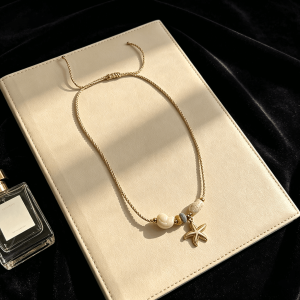 adjustable braided rope ocean necklace, starfish charm with shell & natural stone beads summer beach choker for women