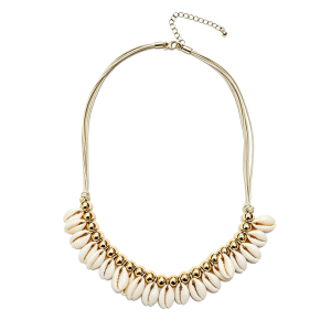 natural cowrie shell multi cord bib necklace with gold spacer beads