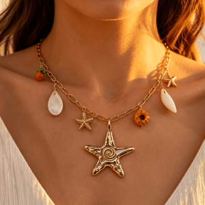 boho coastal mixed charms paperclip link choker necklace with starfish & shell pendants
