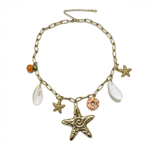 boho coastal mixed charms paperclip link choker necklace with starfish & shell pendants