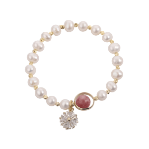 dainty natural pearl bracelet | strawberry quartz & crystal charms