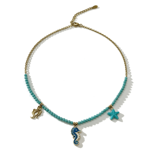 ocean themed beaded choker necklace with gold plated seahorse & starfish charms for women