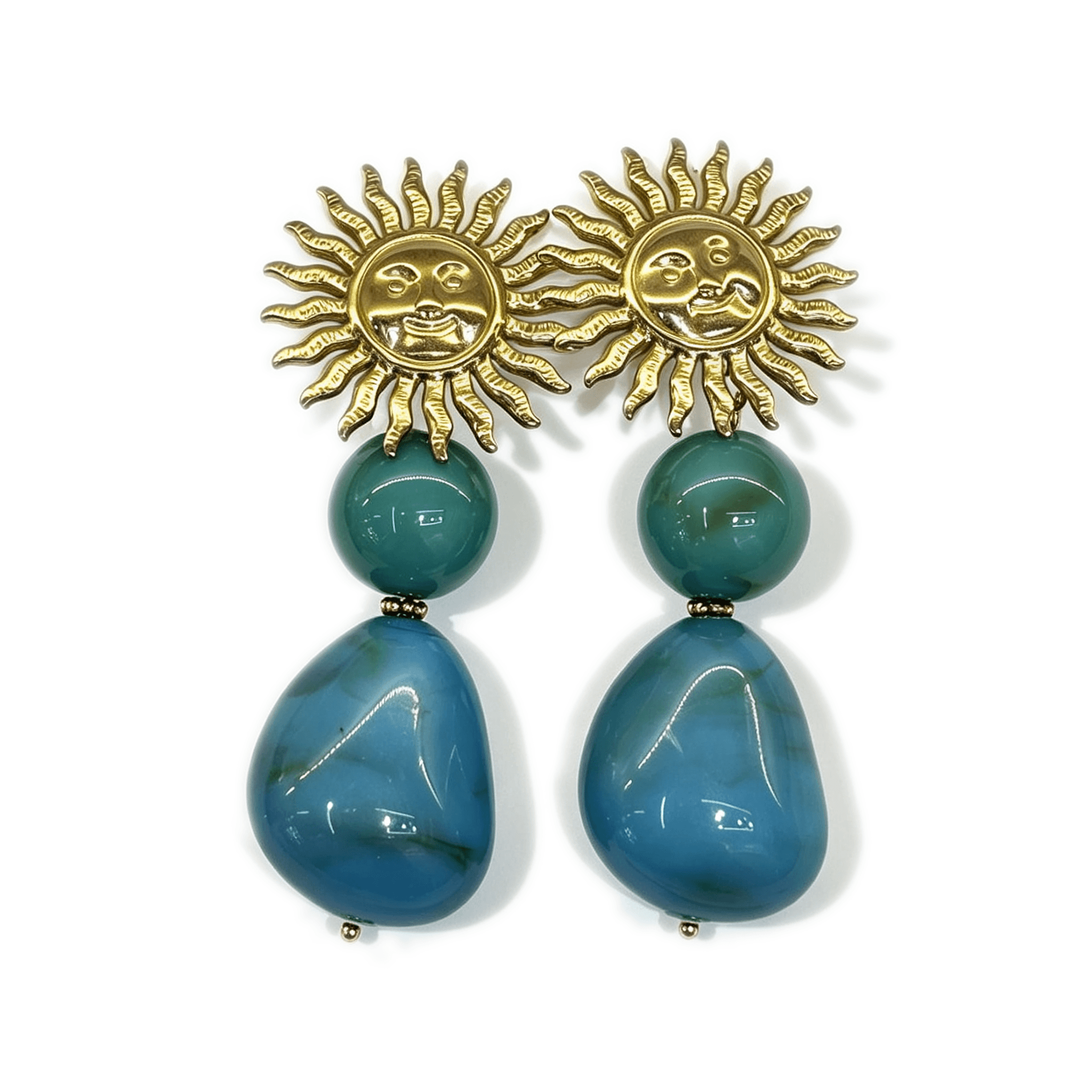 vintage sun face statement drop earrings, 18k gold plated metal sun charms with round & teardrop black onyx bead dangle earrings for women vintage sun face statement drop earrings, 18k gold plated metal sun charms with round & teardrop black onyx bead dangle earrings for women