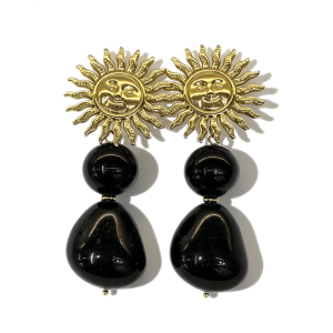 vintage sun face statement drop earrings, 18k gold plated metal sun charms with round & teardrop black onyx bead dangle earrings for women