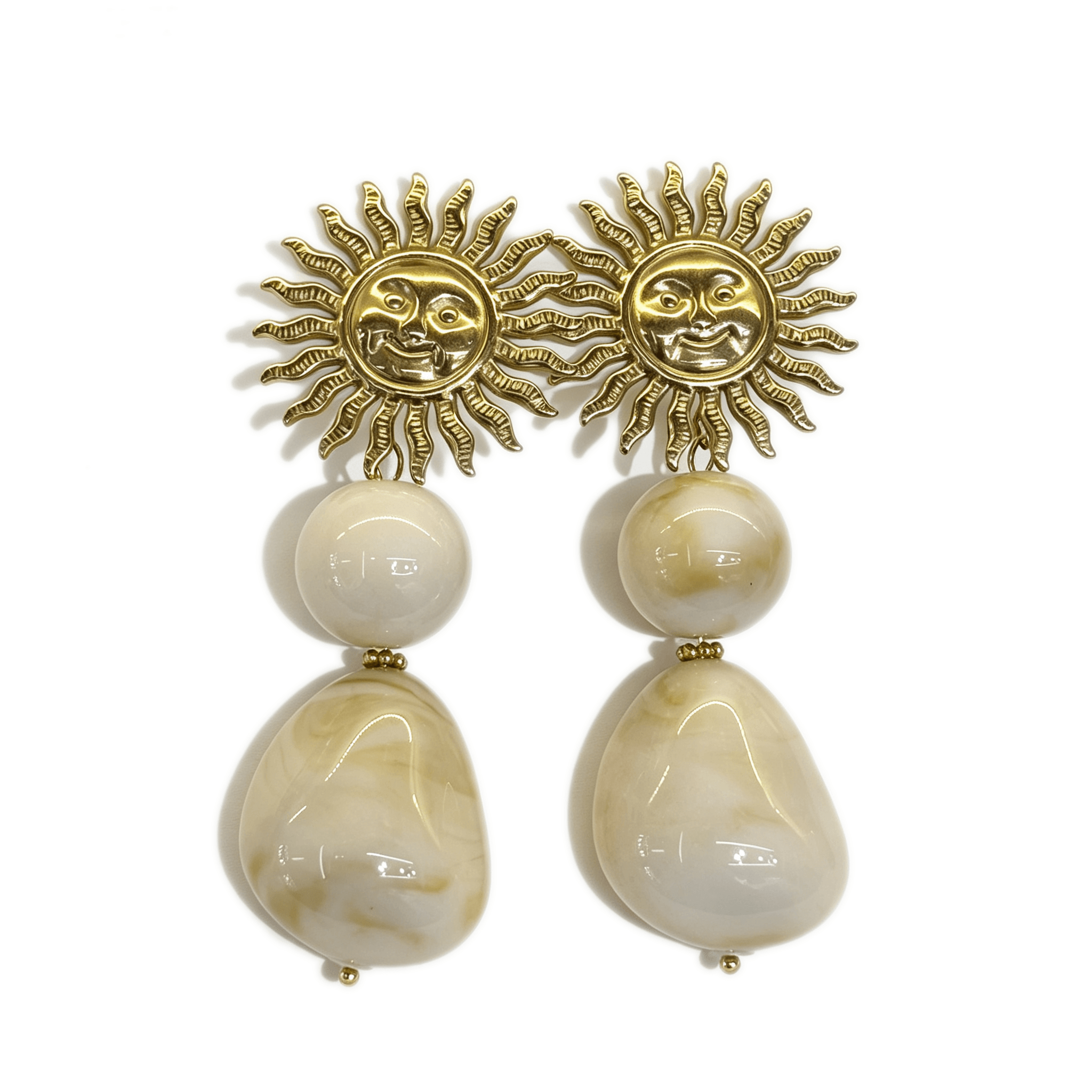 vintage sun face statement drop earrings, 18k gold plated metal sun charms with round & teardrop black onyx bead dangle earrings for women vintage sun face statement drop earrings, 18k gold plated metal sun charms with round & teardrop black onyx bead dangle earrings for women