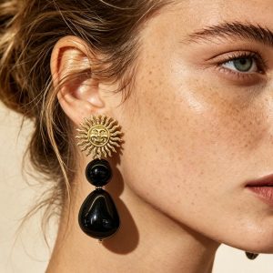 vintage sun face statement drop earrings, 18k gold plated metal sun charms with round & teardrop black onyx bead dangle earrings for women