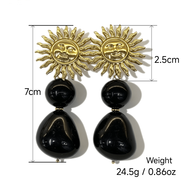 vintage sun face statement drop earrings, 18k gold plated metal sun charms with round & teardrop black onyx bead dangle earrings for women vintage sun face statement drop earrings, 18k gold plated metal sun charms with round & teardrop black onyx bead dangle earrings for women